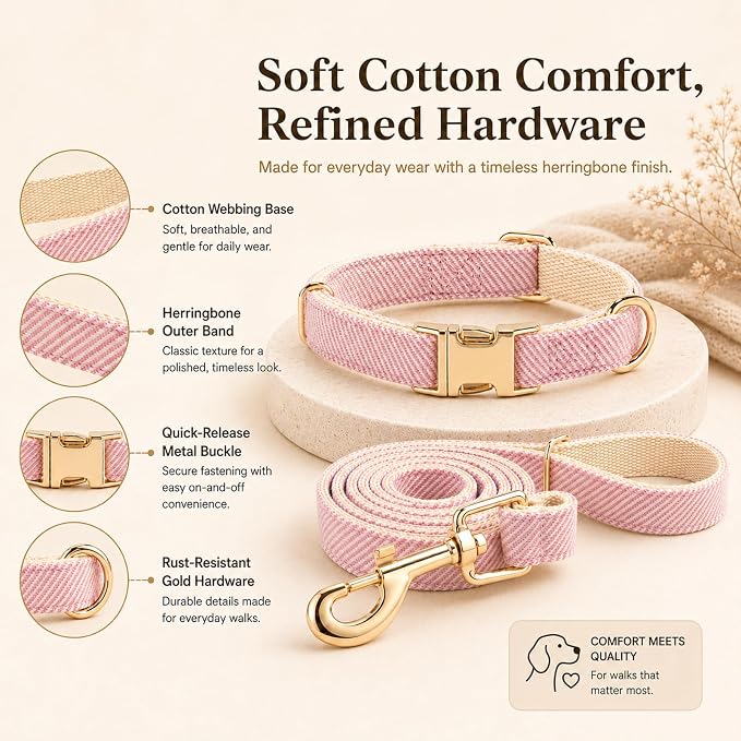 Herringbone Tweed Dog Collar and Leash Set for Medium Dogs, Pink | Snag-free, no-rub design. Soft breathable cotton, gentle on fur. Adjustable durable matching combo for walks & outdoors.