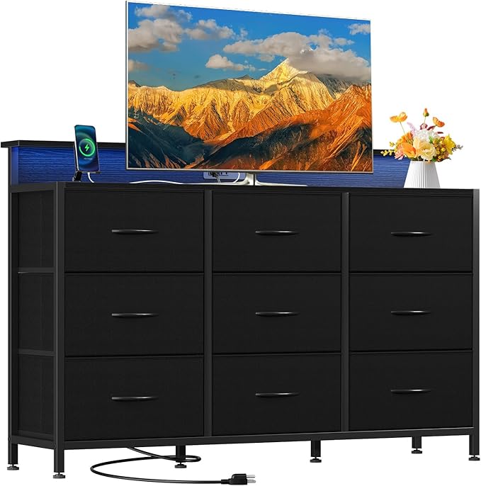 DUMOS TV Stand Dresser with 9 Fabric Drawers and Open Shelves, Entertainment