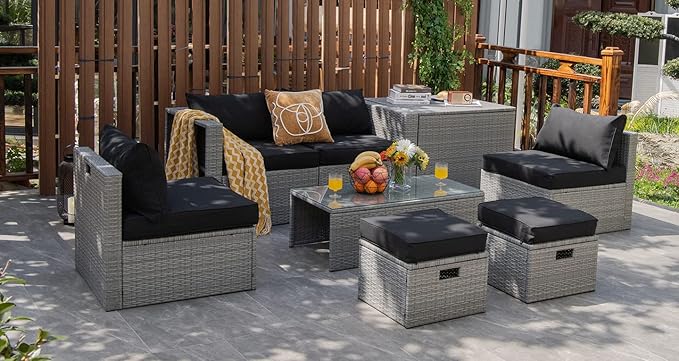 Tangkula 8 Piece Patio Wicker Furniture Set, Patiojoy Space Saving Outdoor PE