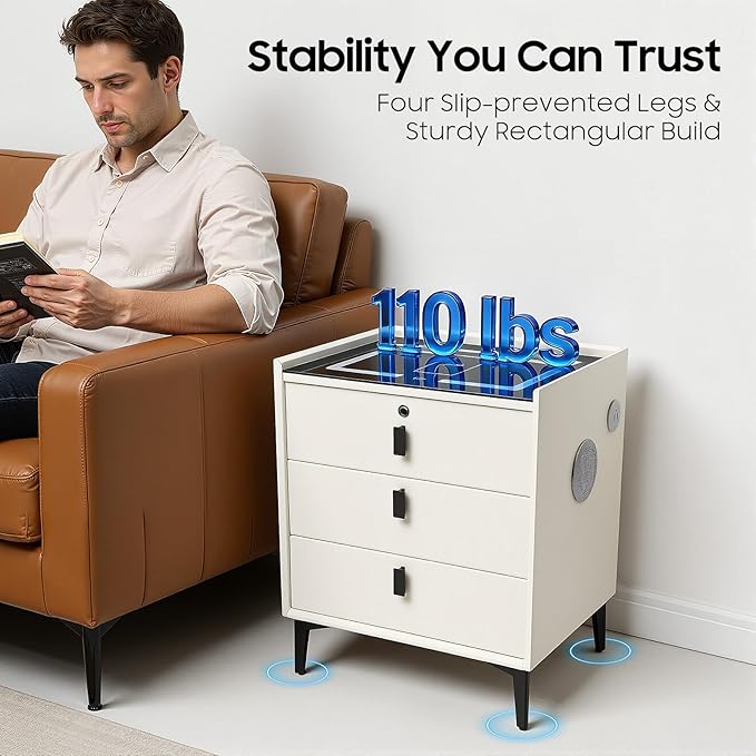 Smart Nightstand with Charging Station, Adjustable LED, USB Ports, Fingerprint