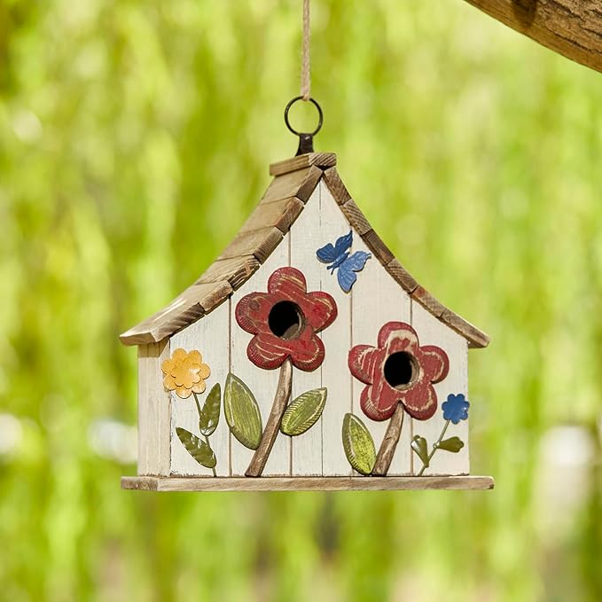 Glitzhome Hanging Birdhouses for Outside,10.75" L Distressed Solid Wood Birdhouse with 3D Flowers Rustic Two-Story Townhouse Hand-Painted Bird Houses for Outdoors,Washed White