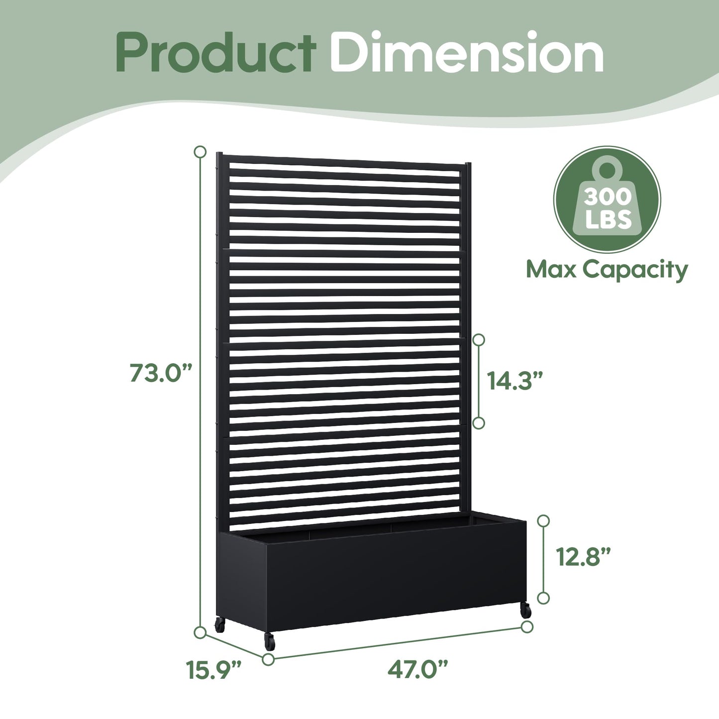 Sunnibety Metal Planter Box with Trellis Privacy Screen, Raised Garden Bed with Trellis & Wheels, Privacy Planters for Patio, Planter Box with Drainage Holes for Climbing Plants, 73"x 47"x 16", Black