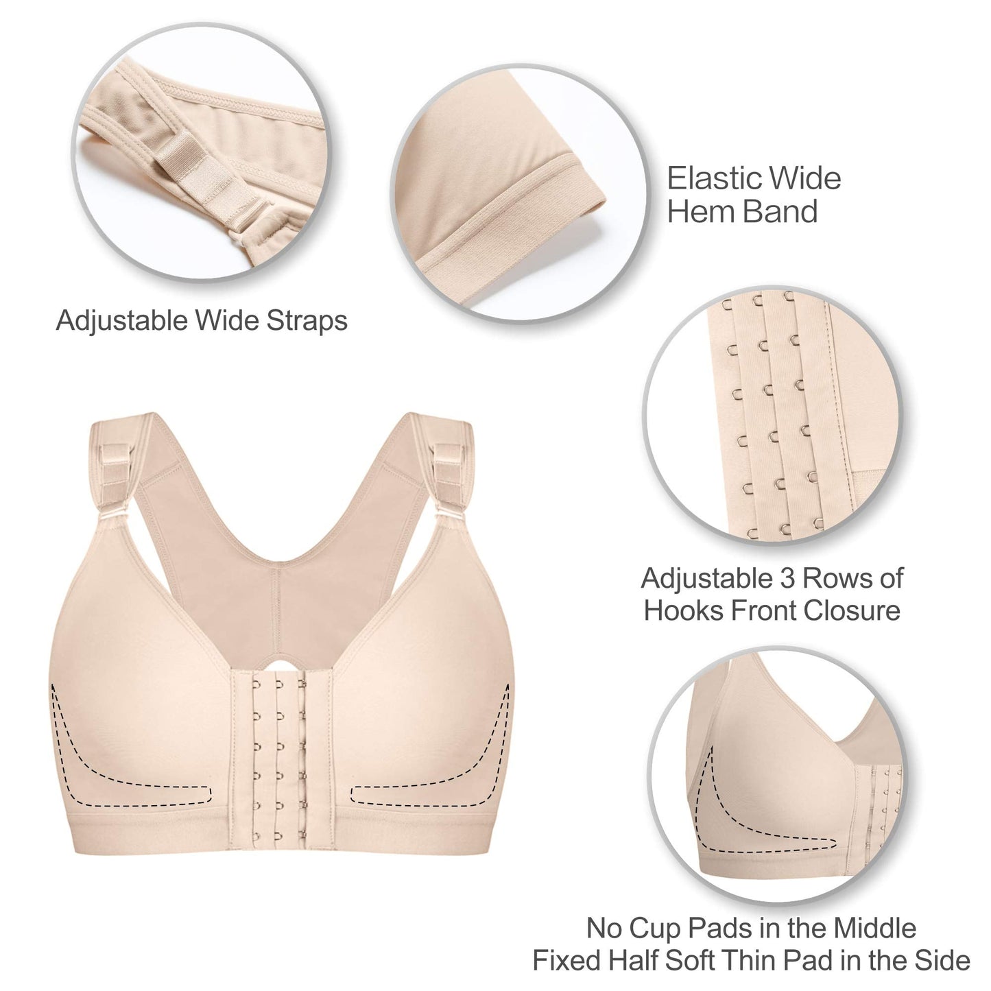 SHAPERX Women's Post-Surgical Front Closure Sports Bra Adjustable Wide Strap Racerback Support Bra, SZ83288-Beige-S