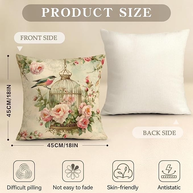 OBSEDE Vintage Throw Pillow Covers Set of 2, 18x18 Inch Pink Rose and Bird Print