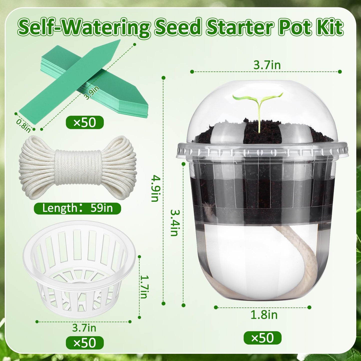 Ferrochef 50 Pcs 3.7 Inches Clear Hydroponic Pots Kit Includes Self Watering Nursery Cups with Humidity Domes, Grow Baskets & Absorbing Wicks Reusable Seed Pots for Indoor Plants Herbs Seedling