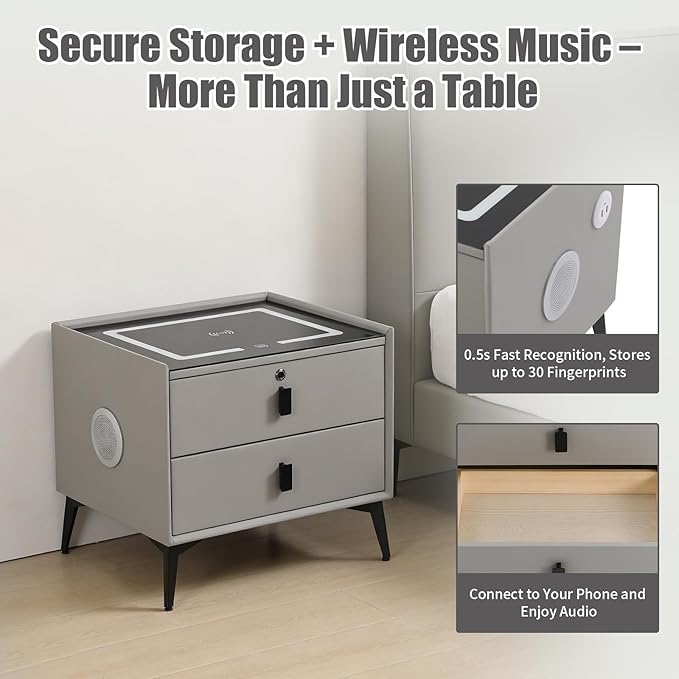 Smart Nightstand with Charging Station, Adjustable LED, USB Ports, Fingerprint