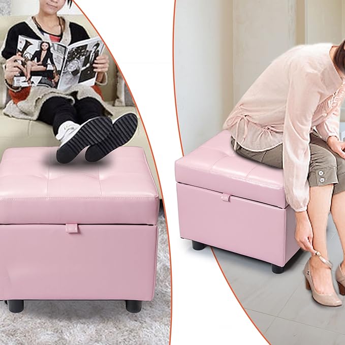 H&B Luxuries Tufted Leather Square Flip Top Storage Ottoman Cube Foot Rest