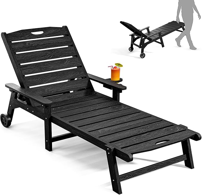 Outdoor Lounge Chair with 5-Position Adjustable, Outside Lounge Chair with Cup