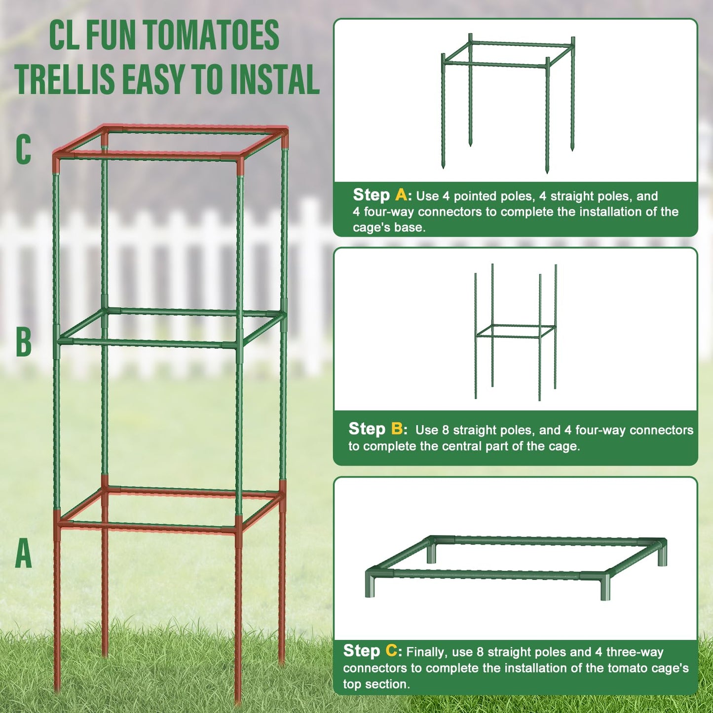 3 Pack Tomato Cages with Clips & Garden Wire, Outdoor Heavy Duty Steel Square Tomato Plant Support Stakes Garden Trellis for Climbing Plants Vegetables Flowers Fruits (41.5 Inch)