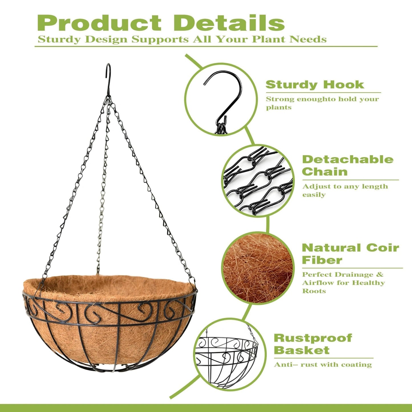 Qusuxi 4 Pack 14 Inch Hanging Baskets for Plants Outdoor Metal Hanging Planter Hanging Flower Baskets with Coco Fiber Liners Chain Round Wire Plant Holder Hangings Flower Pots(Plaid)