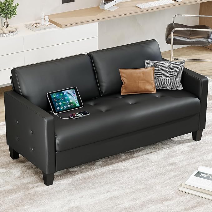 STHOUYN 59” Black Faux Leather Sofa Couch, Modern Comfy Office 2 Seater Couch