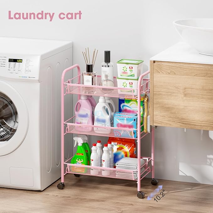 TOOLF 3 Tier Rolling Cart Pink