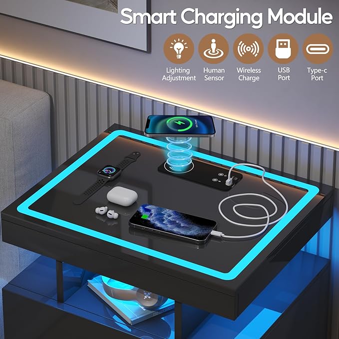 LED Nightstand Set 2 with Wireless Charging Station, Glass Top Smart Bedside
