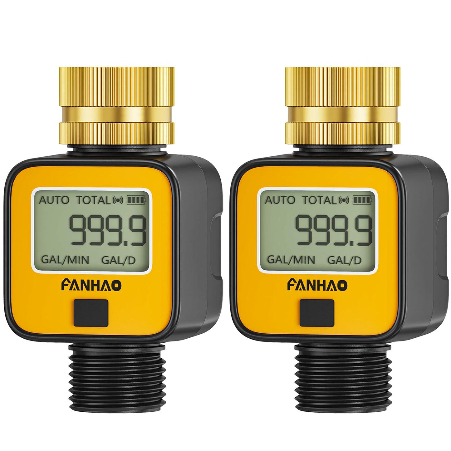 FANHAO 2 Pack Water Flow Meter with Brass Inlet Metal Thread, Measure Gallon/Liter Consumption and Flow Rate, High Accuracy & IPX6 Waterproof for Outdoor Garden Hose Watering, RV Water Tank Filling