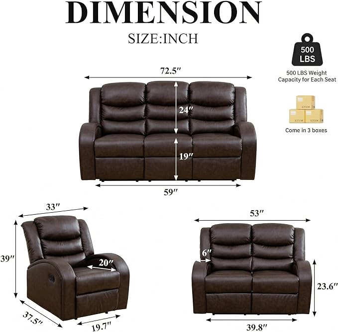 Recliner Sofa Set 3 Piece Living Room Furniture Set Couch Sectional Leather