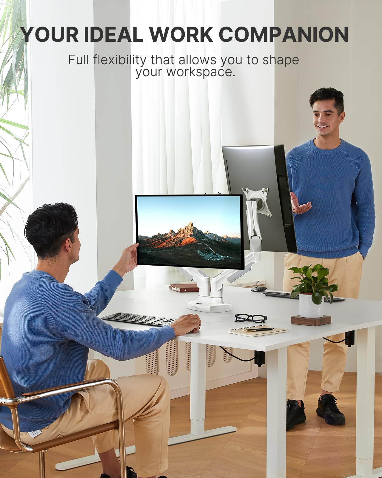 HUANUO Dual Monitor Stand - Full Adjustable Monitor Desk Mount Swivel Vesa Bracket with C Clamp, Grommet Mounting Base for 13 to 32 Inch Computer Screens - Each Arm Holds 4.4 to 19.8lbs - White