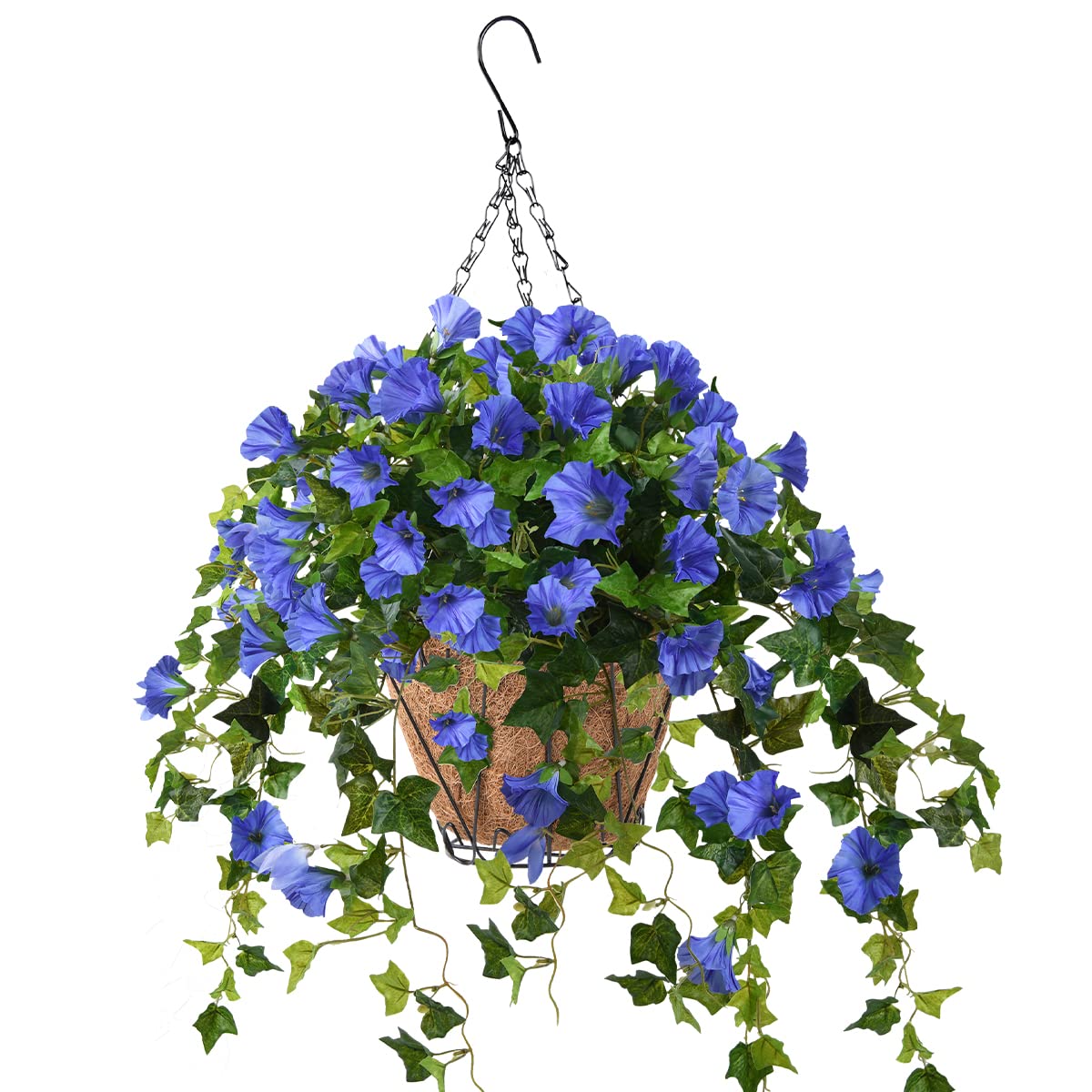 Homsunny Artificial Vine Silk Petunia Flowers, Fake Hanging Plant in Basket, Coconut Lining Pot Porch Decoration for Patio Lawn Garden Spring Summer Decor(Blue)