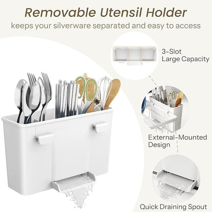 SNTD Dish Drying Rack - Small Dish Rack for Kitchen Counter, Stainless Steel Dish Drainer with Utensil Holder and Drainboard, 11" W x 15" L (White)