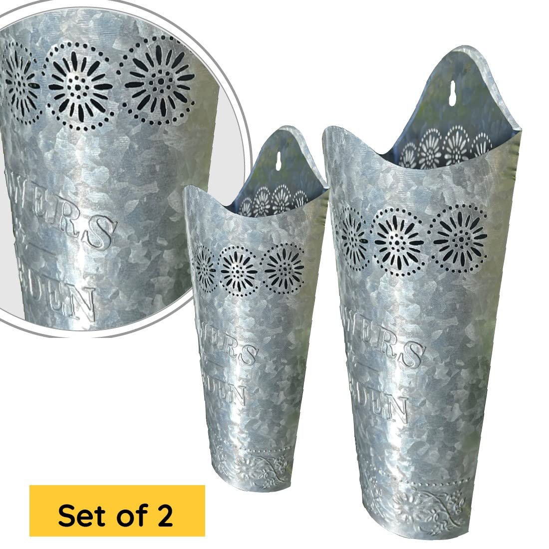 Lily's Home Set of 2 Rustic Farmhouse Galvanized Metal Wall Planters, with Floral Accents for Indoor or Outdoor Artificial Greenery. Rustic Hanging Flower Holders Wall Decor