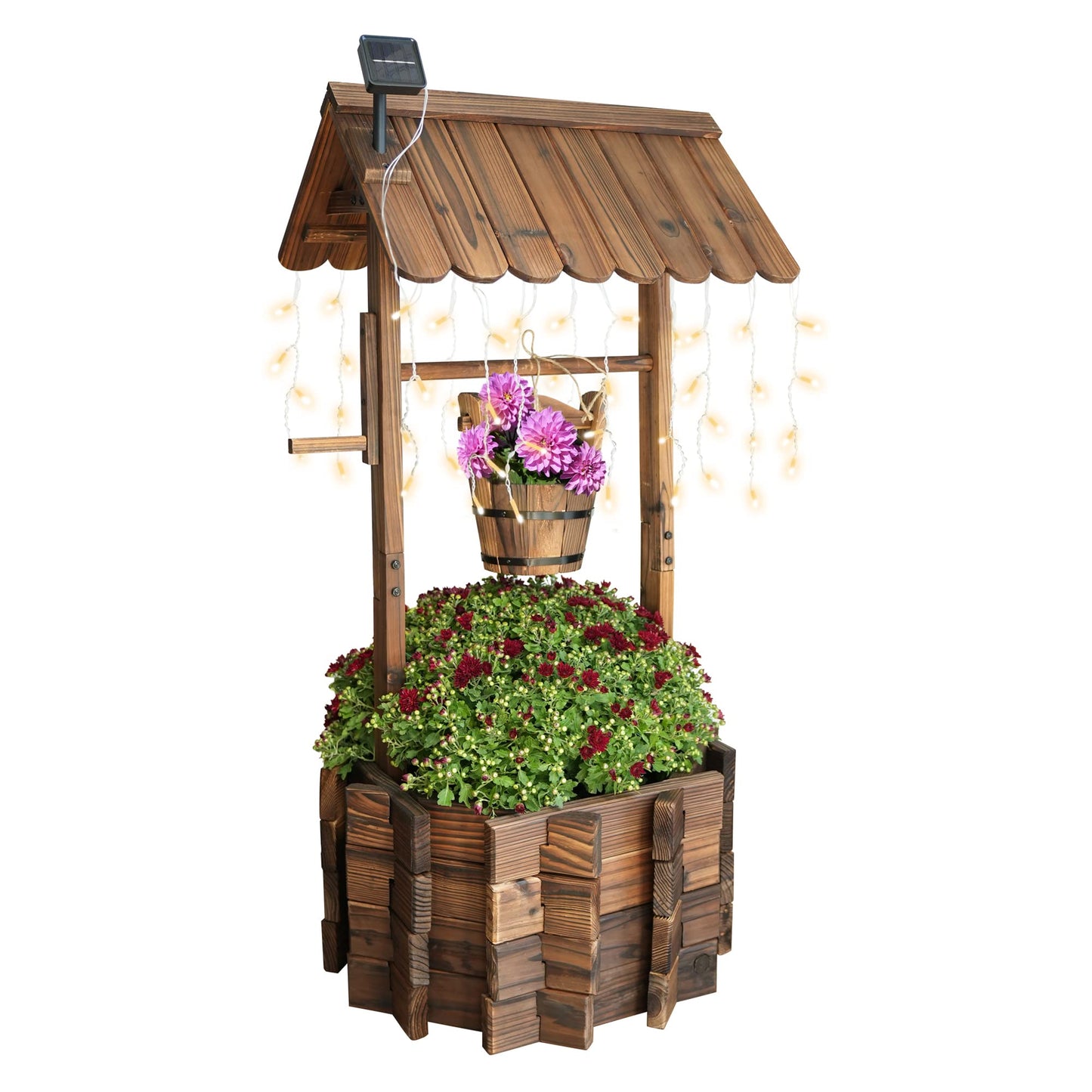 Notume Garden Wooden Decor Rustic Wishing Well with Light Planter Outdoor Home Décor for Patio, Upgrade Wishing Well Garden, Yard Hanging Bucket Patio Lawn Backyard Home Decor