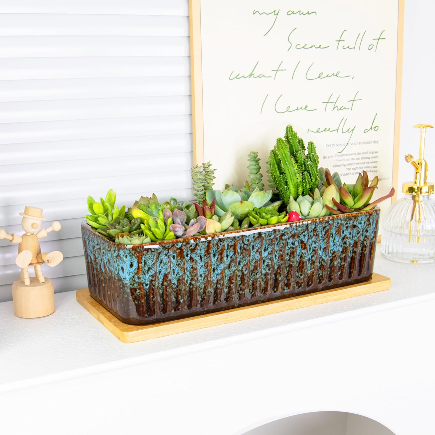 ARTKETTY Succulent Pots - 12 Inch Large Succulent Planters with Drainage Tray, Window Sill Planter, 4 Pack Small Plant Pots with Drainage Tray, 4.5 Inch Ceramic Pots for Indoor