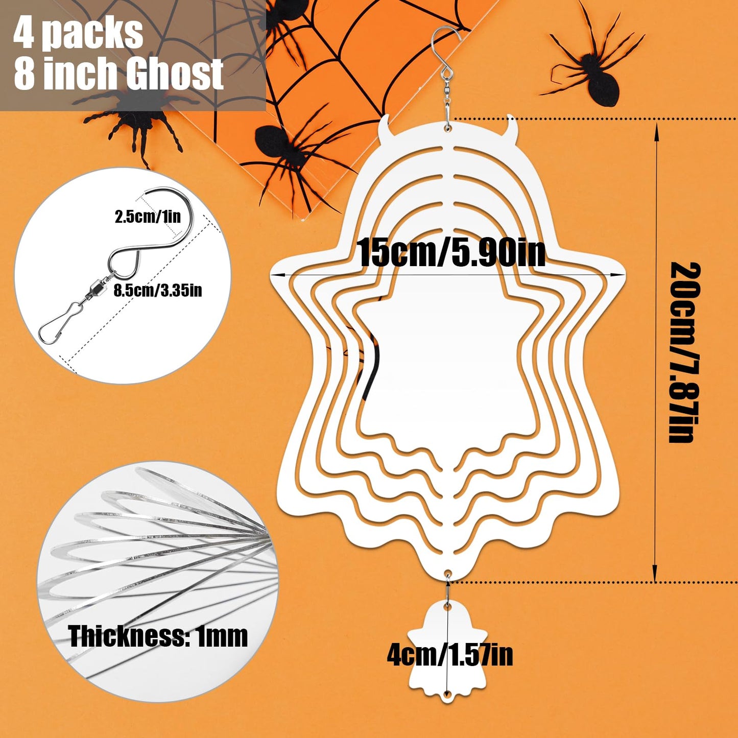 4Pack 8 inch Sublimation Wind Spinner Blanks 3D Aluminum Metal Wind Sculpture Kinetic Spinners for Yard and Garden Indoor Art Ornaments Hanging Decoration (Halloween Ghost)