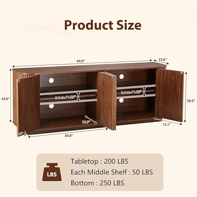Fluted TV Stand for TVs Up to 75 Inch, Walnut Mid Century Modern TV Console for