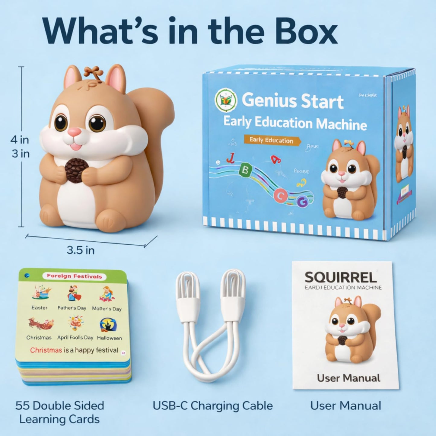Little Squirrel Talking Pen with 55 Double-Sided Talking Flash Cards, Interactive Learning Toy for Kid, 1000+ Words, Phonics, Recording & Playback Function, Screen-Free Educational Toy for Toddlers