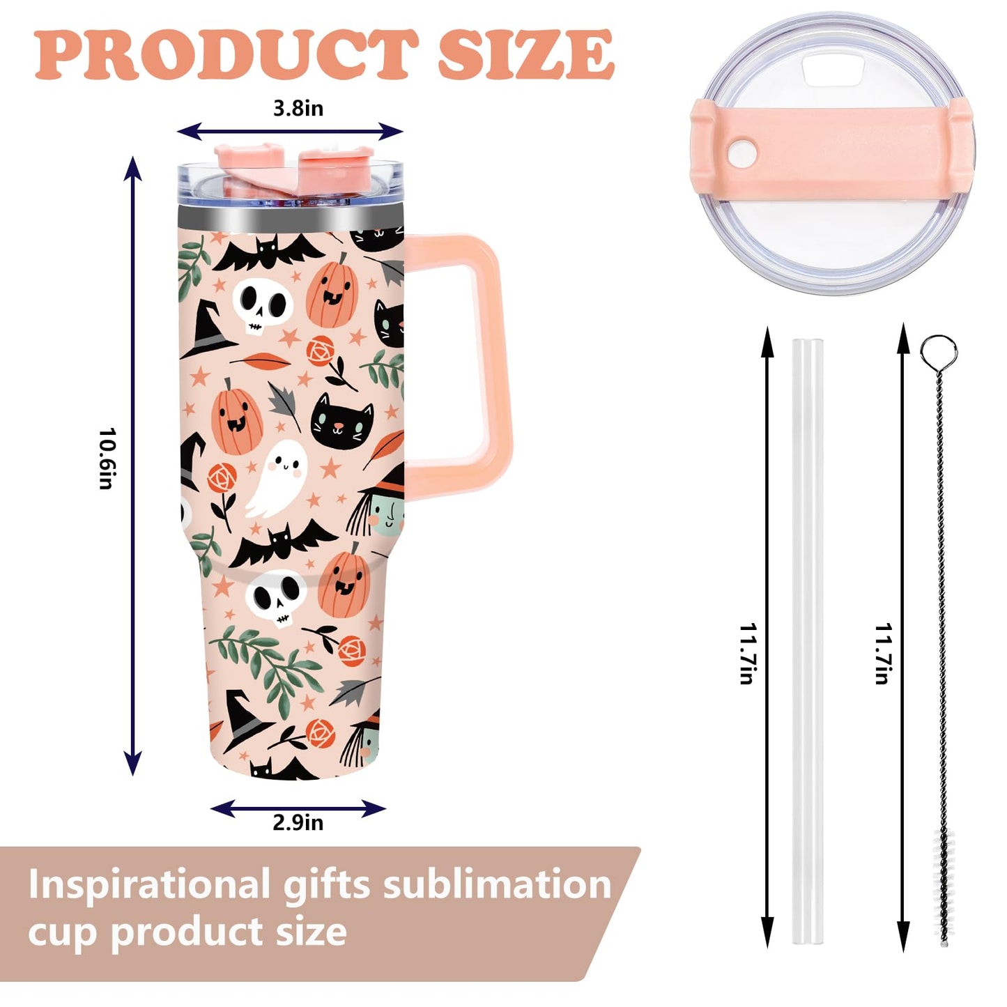 JarThenaAMCS 40oz Halloween Tumbler with Handle Straw and Lid Spooky Skull Ghost Pumpkin Travel Tumbler Coffee Cup for Holiday Party Home Office
