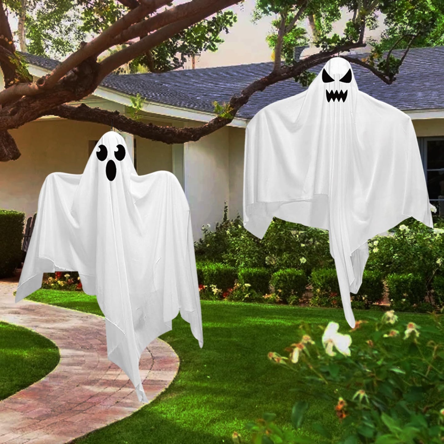 4 Pack 31.5" Halloween Hanging Ghosts, Cute Flying Ghost Halloween Party Decorations for Front Yard Patio Lawn Garden Holiday Decorations
