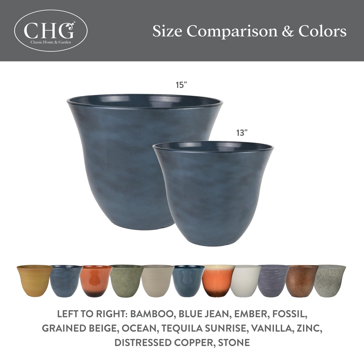 Classic Home and Garden by Growscape Honeysuckle Resin Planters - Lightweight Indoor & Outdoor Plant Pots - UV-Resistant Plastic Flower Pots - Pot Planters for Flowers & Herbs (15" Fossil)