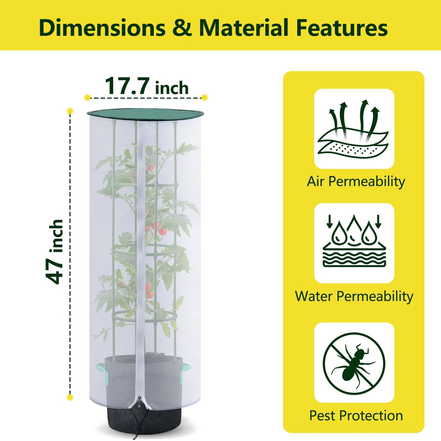 2 Pack 47" Tall Netting for Tomato Cages, Sun Shade Top with Zipper & Drawstring, Pop-Up Mesh Plant Cover (Cage Not Included)