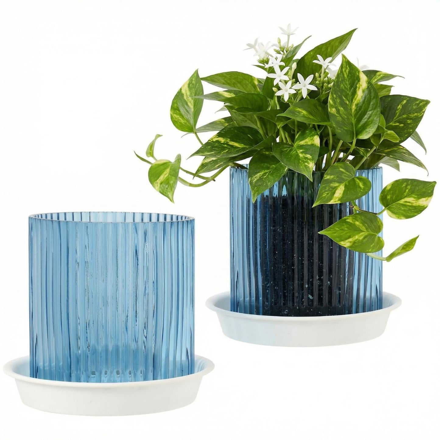 Hestremo Blue Glass Plant Pots Indoor, 5 inch Clear Orchid Pots with Drainage Holes & Trays, Small Glass Planter for Indoor Plants, Herbs, Succulent Flower Planter with Ribbed Texture, Set of 2
