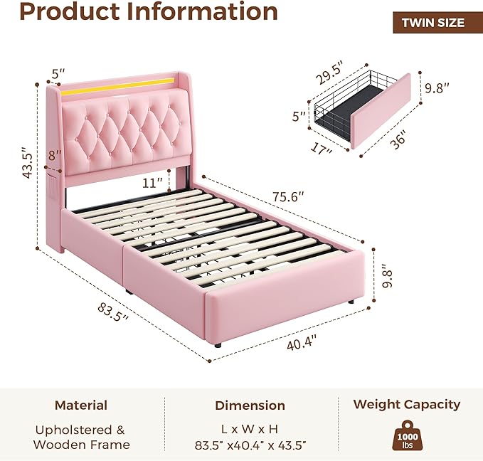 Twin LED Velvet Bed Frame with 2 Storage Drawers&Hidden Headboard, Upholstered
