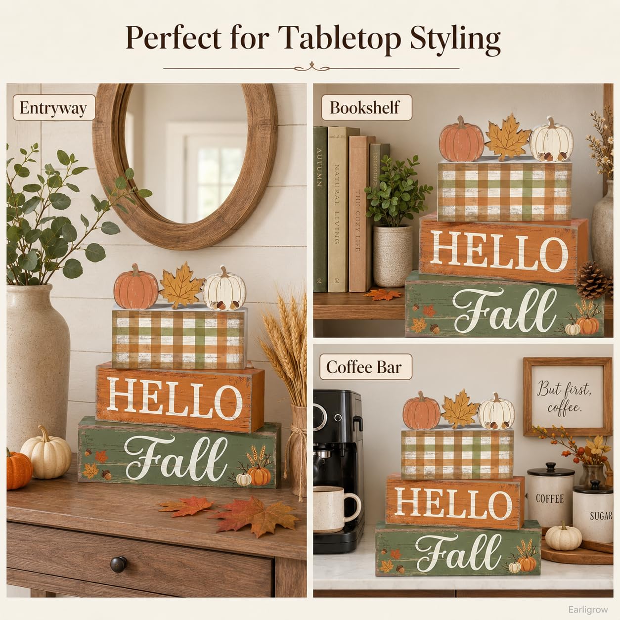 4 Pcs Fall Table Decorations, Hello Fall Tiered Tray Decor, Farmhouse Wooden Block Signs with Pumpkin & Maple Leaf, Rustic Buffalo Plaid Thanksgiving Tabletop Centerpiece for Home Kitchen Shelf