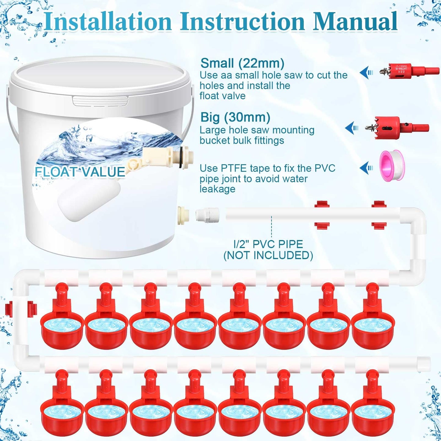 Tiangrid Complete Set Pipeline Automatic Poultry Nipple Waterer, 1/2" PVC Tee Fittings and Other Parts for Chicken, Turkey, Duck, Pigeon, Quail Feeding and Watering