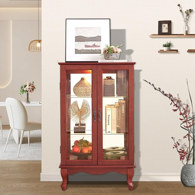 Curio Cabinet With Lighted Tall Leg Glass Door, Antique Display With Mirrored