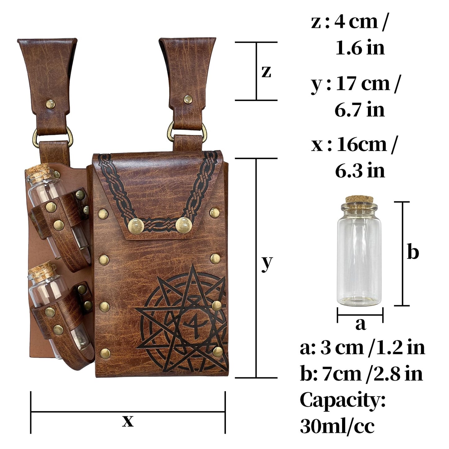 HiiFeuer Medieval Alchemy Faux Leather Belt Bag with 2 Cork Potion Vials, Fantasy Wizard Waist Pouch Side Pack for Ren Faire (Light Brown B)