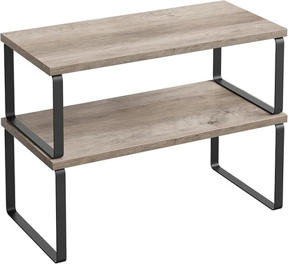 SONGMICS Cabinet Organizer Shelf, Set of 2 Kitchen Counter Shelves, Kitchen Storage, Spice Rack, Stackable, Expandable, Metal and Engineered Wood, Ink Black and Heather Greige UKCS200X02