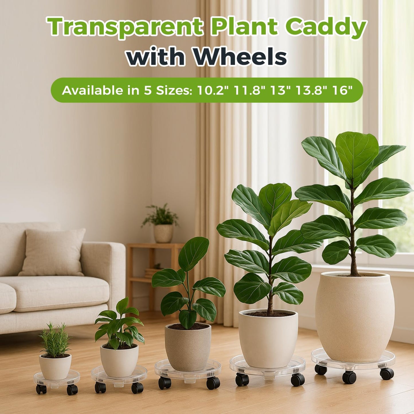 KvyusFlourish 4 Packs 11.8 Inches Large Clear Plant Caddy Plant Saucers on Wheels Rolling Plant Stands Heavy-duty Plant Dolly Plastic Planter Roller Base Pot Movers Outdoor Plant Tray Coaster