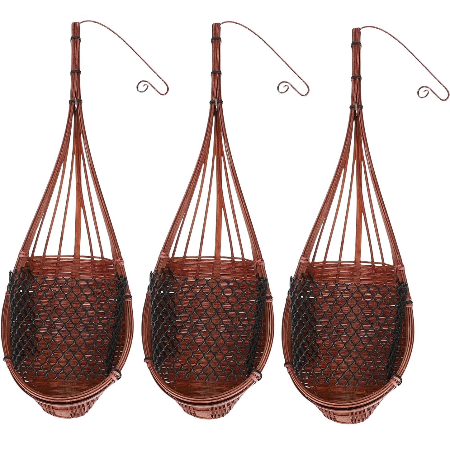 Gogeffor Hanging Orchid Planter: 3 Pack Wall Plant Pot with Adjustable Hook Breathable - 4 Inch Handmade Bamboo Flower Basket for Indoor Window Balcony Corridor Railing Garden Fence - Brown