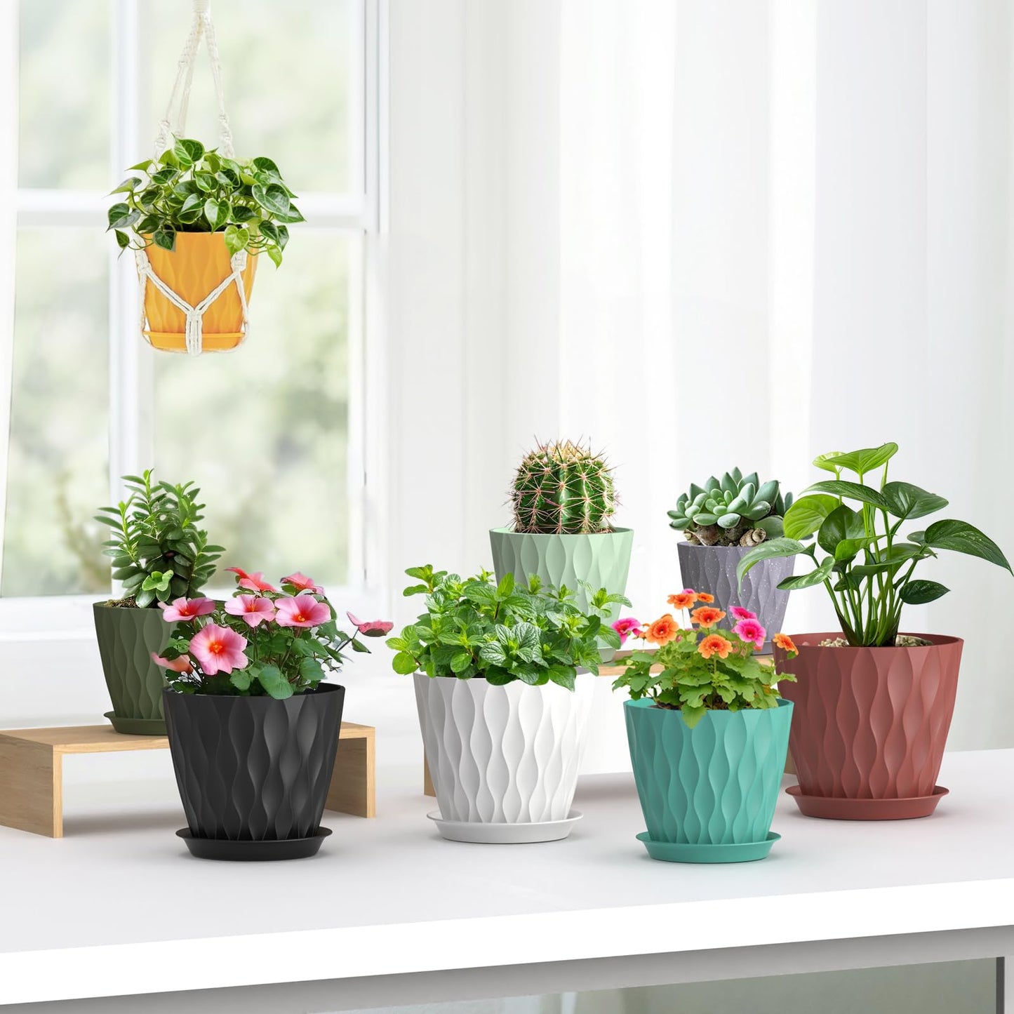 Meowell 7/6.5/6/5.5/5/4.5/4 inch Plant Pots for Indoor Outdoor Plants, 7 Pack Thick Flower Pots with Drainage Holes and Saucers, Modern Wave Texture Plastic Planters Nursery Pots, Speckled Grey