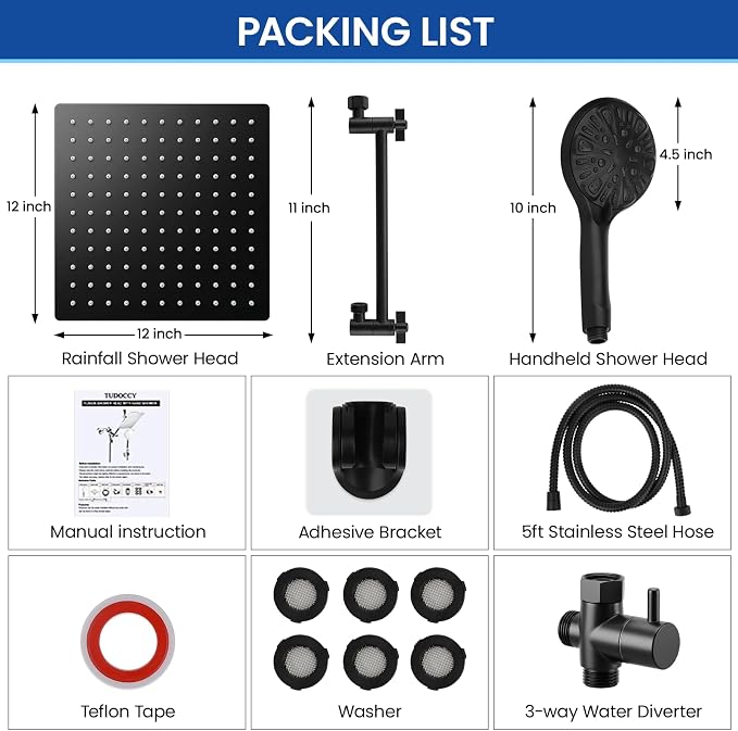 Shower Head, 12‘’ High Pressure Rainfall/Handheld Shower Combo with 11'' Extension Arm, 9 Settings, Anti-leak Shower Head with Holder, Height/Angle Adjustable, Matte Black