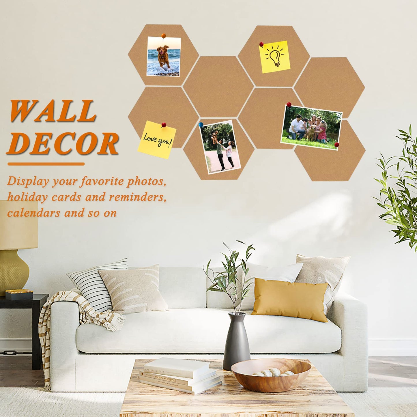 HULAVO 8Pcs Hexagon Felt Cork Board Tiles, Self Adhesive DIY Bulletin Board Pin Board for Office School Home Wall Decor Stickers Memos Photos Display (Deep Camel)