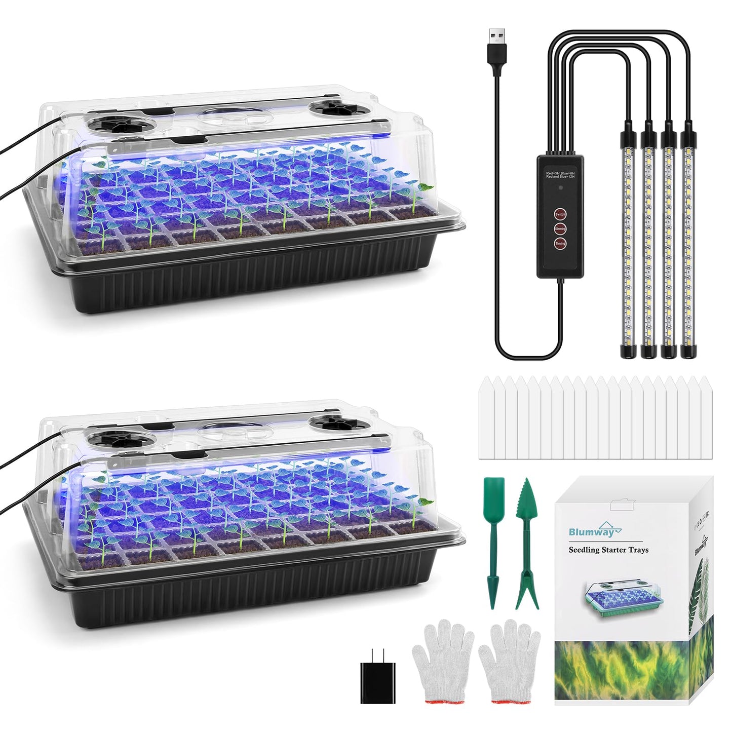 BlumWay Seed Starter Tray with Grow Light,2 Pack 80 Cells Seedling Tray Kit with Humidity Dome/Indoor Plant Starter Kit, Adjustable Brightness Plant Germination Trays-Black