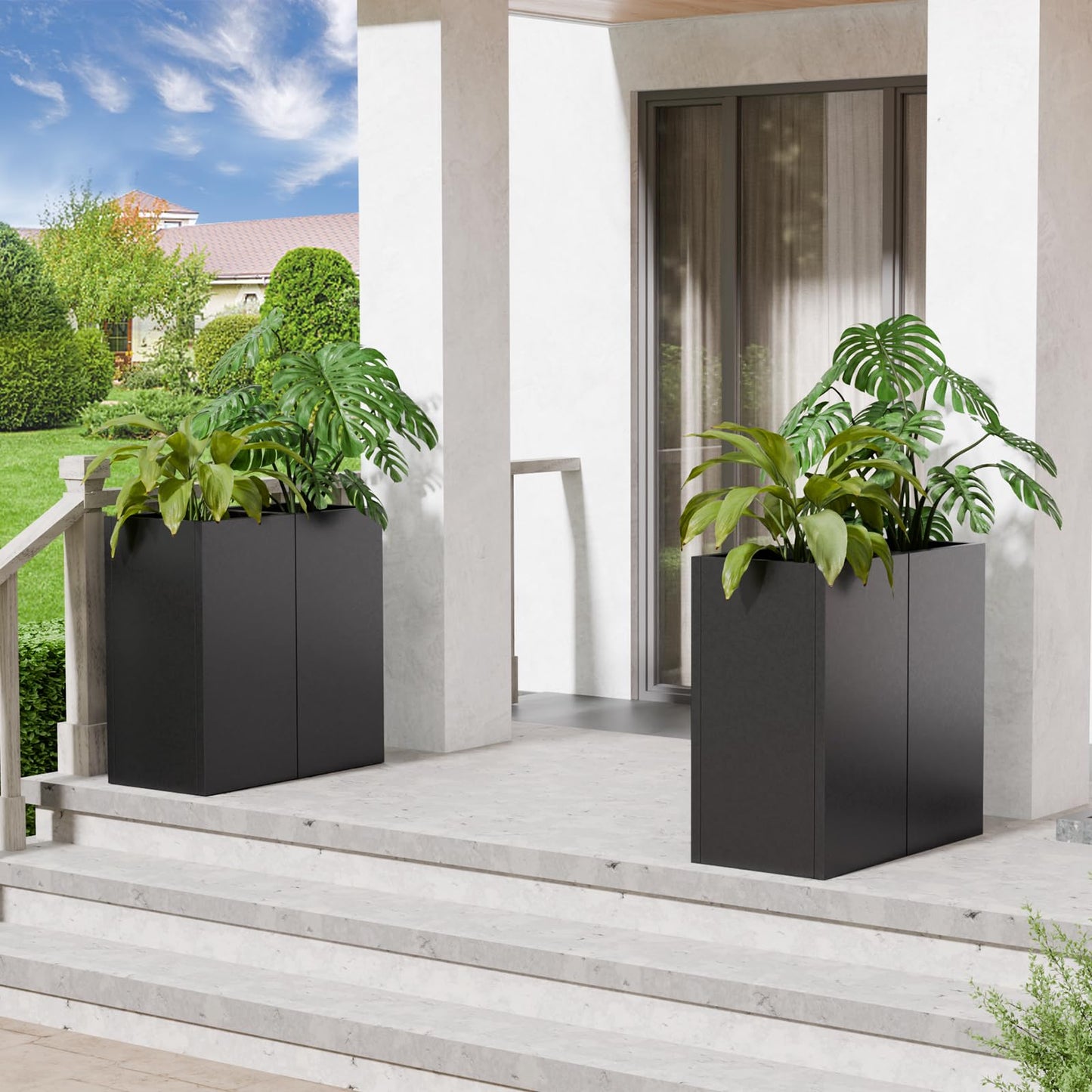 Diyfire Tall Metal Planters Box for Outdoor Plants - 23.6" Modern Steel Tall Square Planter with Removable Insert Shelf, Heavy Duty Pedestal Planter Front Porch Decor Patio Garden Office, Black