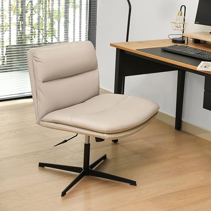 EMIAH Armless Office Desk Chair No Wheels PU-Padded Vanity Mid-Back Ergonomic