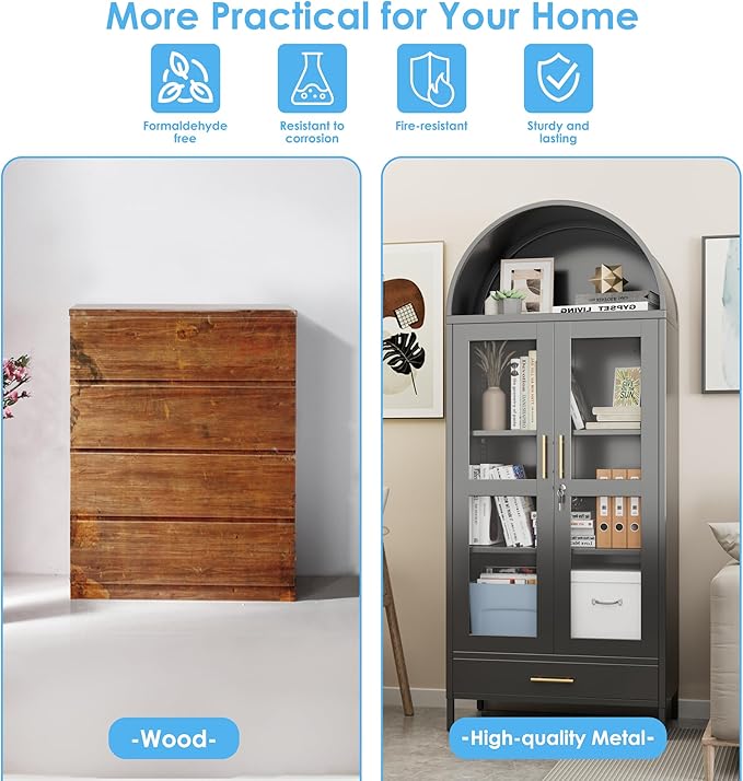 Arched Cabinet with Glass Doors, Modern Kitchen Pantry Cabinet with 2