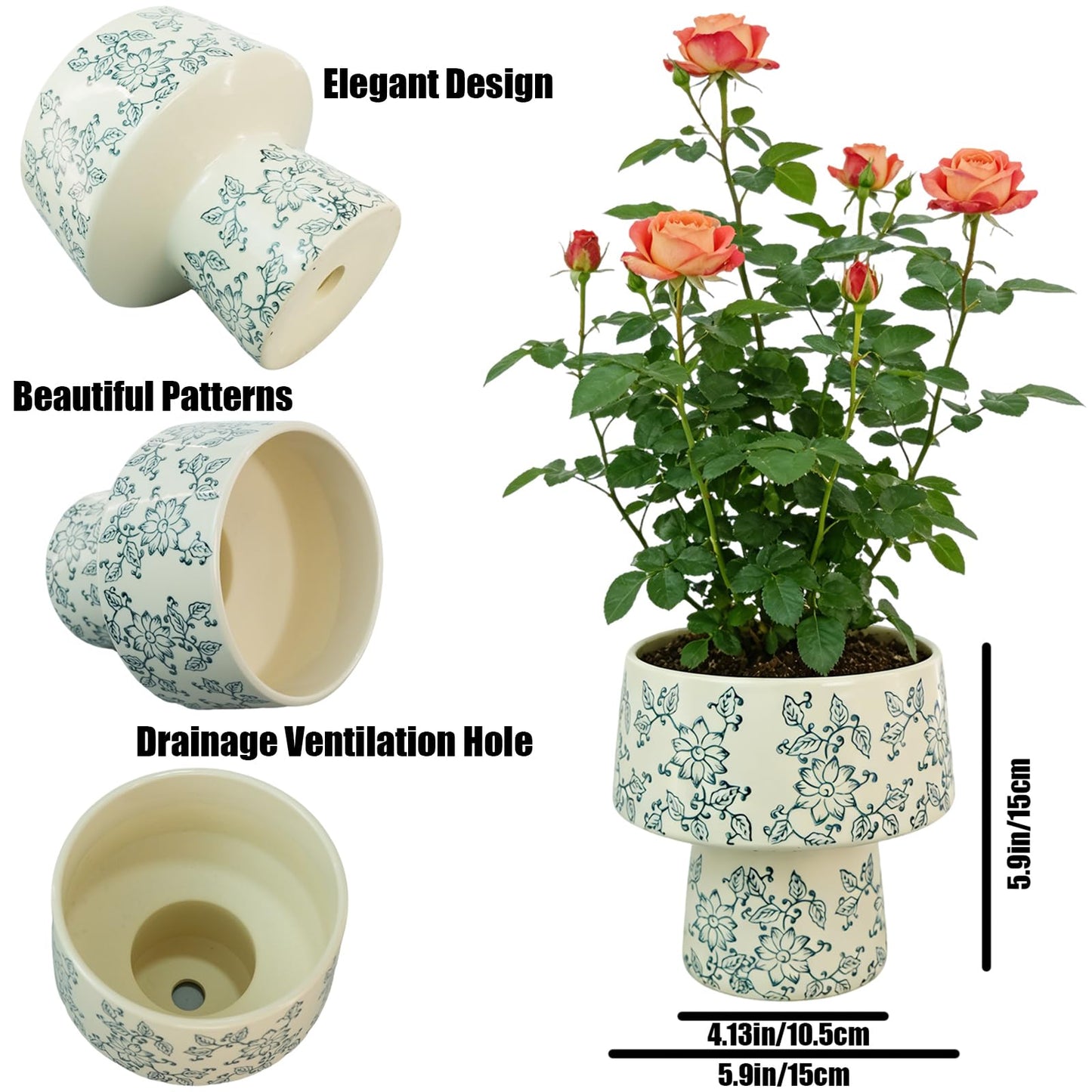 Blue and White Ceramic Flower Pot with Drainage Hole ，Elegant Succulent Plants and Orchid Planters , Home Decor Flowerpots with Tall Cup Shape Suitable for Tiger Tail Orchid and Floral Plants (BIG)