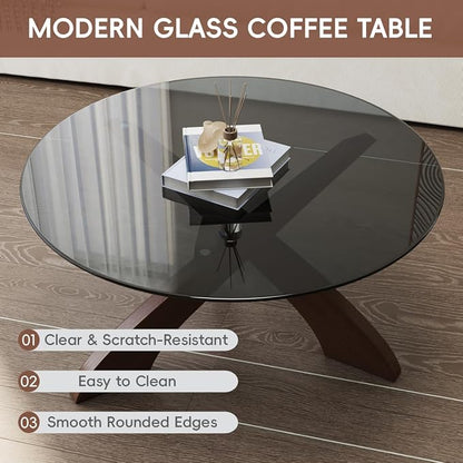 Honyee Glass Coffee Table, 30.7” Round Coffee Table with Tempered Glass Top, Walnut Wood X-Shaped Base, Stable Modern Center Table for Living Room, Apartment and Small Spaces